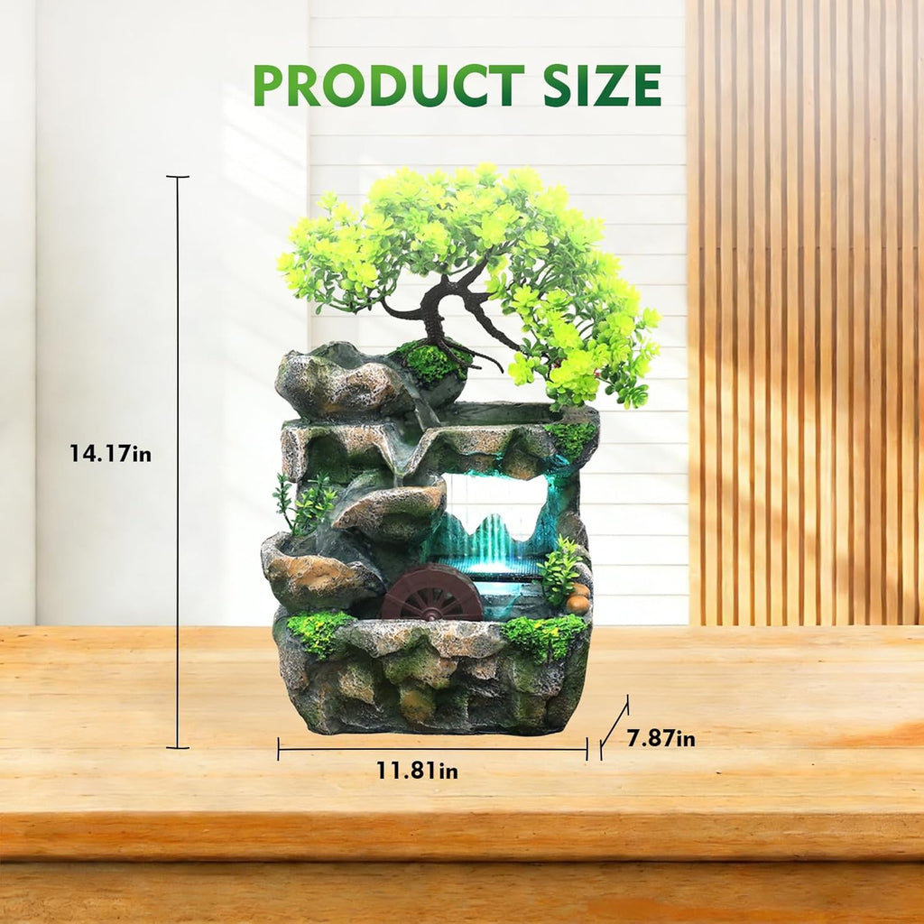 Tabletop Waterfall Fountain with Flowing Water & LED Lights - Indoor Resin Rockery Desk Fountain Relaxation &