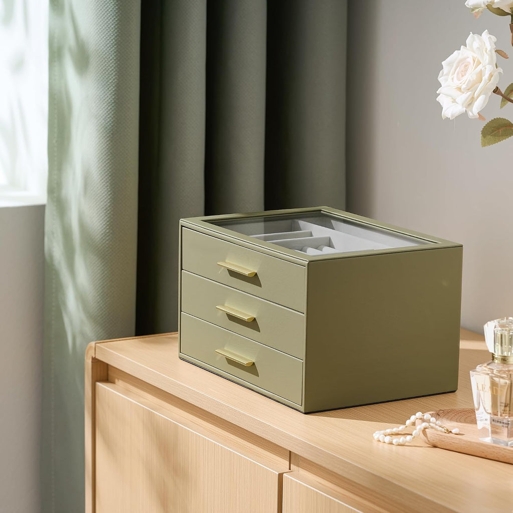 Jewelry Box Organizer Storage Case, 3-Layer with Glass Window, Green