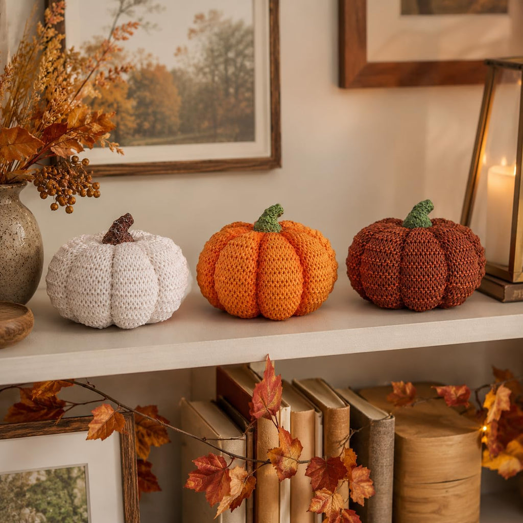 Fall Pumpkin Decor, Resin Pumpkins Figurines for Fall Decor, Rustic Knit Textured Pumpkins Fall Decorations - Set of 3