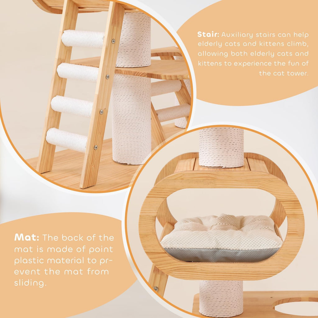 76.8'' Modern Cat Tree for Indoor Cats, Tall Wooden Cat Tower Decoration, Multi-Level Tower with Transparent Cat Bed
