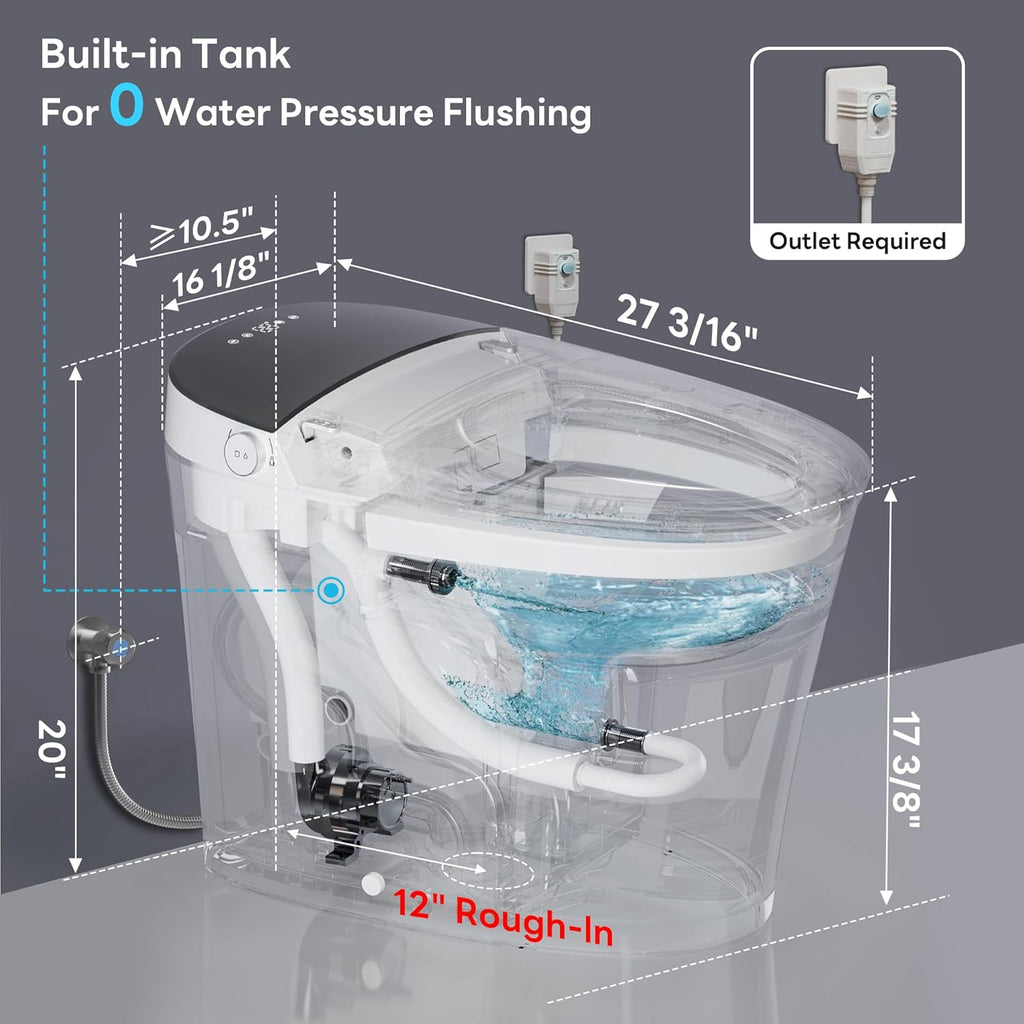 Smart One-Piece Toilet with Built-In Bidet, Powerful Dual Flush, ADA Comfort Height, Auto Open and Close Lid, Heated Seat, Night Light