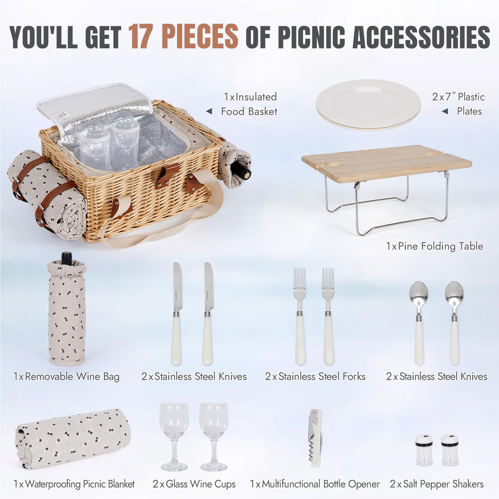 Picnic Basket for 2, Handmade Wicker Picnic Set with Folding Table and Waterproof Blanket, Large Insulated Picnic