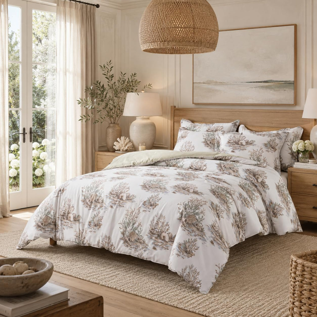 Luxury Coastal Cotton Duvet Cover Set Coastal Coral Seashell Toile Print Hotel-Quality Bedding Set 3-Piece