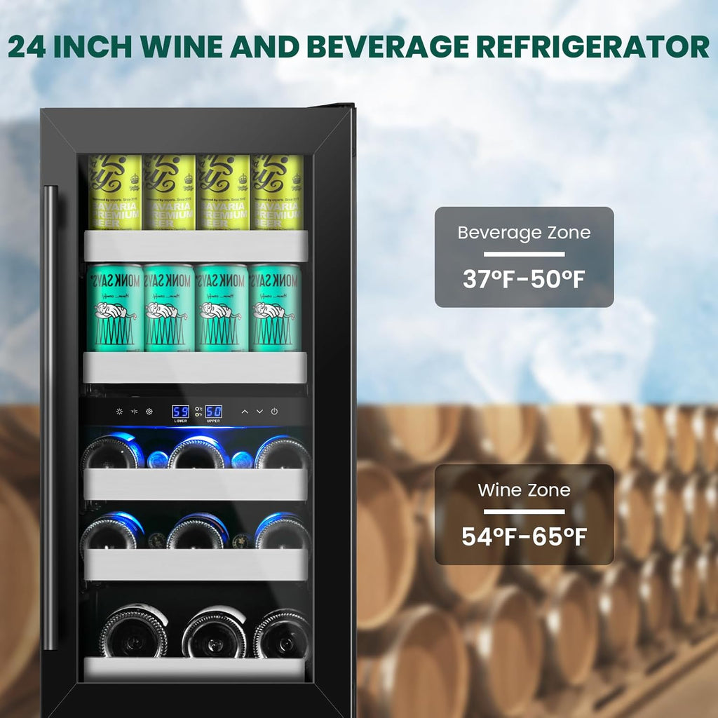 15 Inch Wine and Beverage Refrigerator,13 Bottle & 48 Cans Black Dual Zone Bever