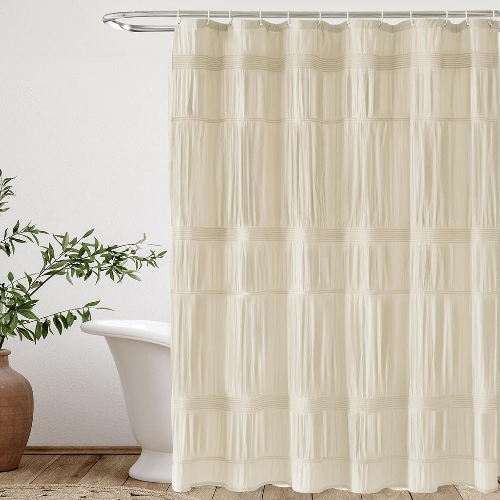 Beige Shower Curtain Rustic Farmhouse Shower Curtain 72 x 72 | Cotton-blend fabric, pinched pleats, textured woven