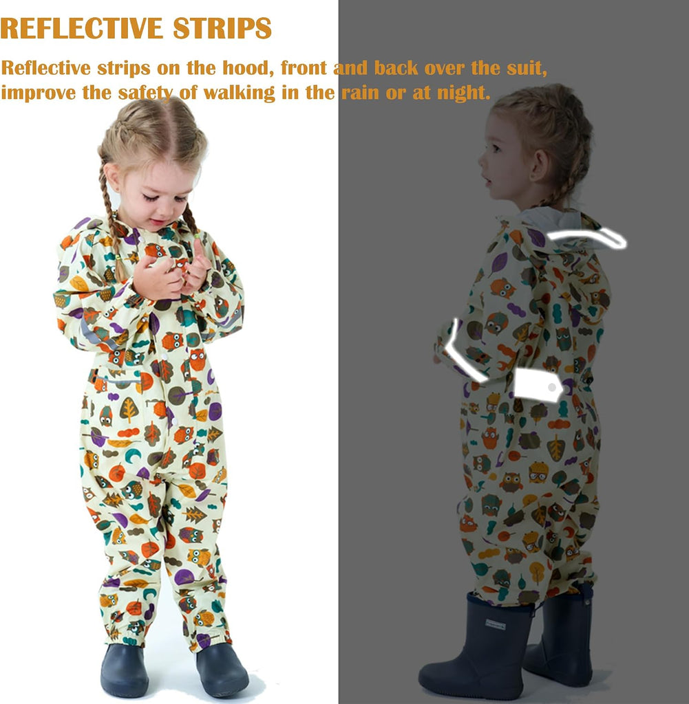 Kids Toddler Rain Suit for Boys Girls One Piece Hoodie Zipper Cartoon Waterproof Coverall Rain Jacket