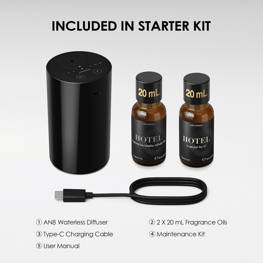 AN8 Waterless Essential Oil Diffuser Starter Kit, Black