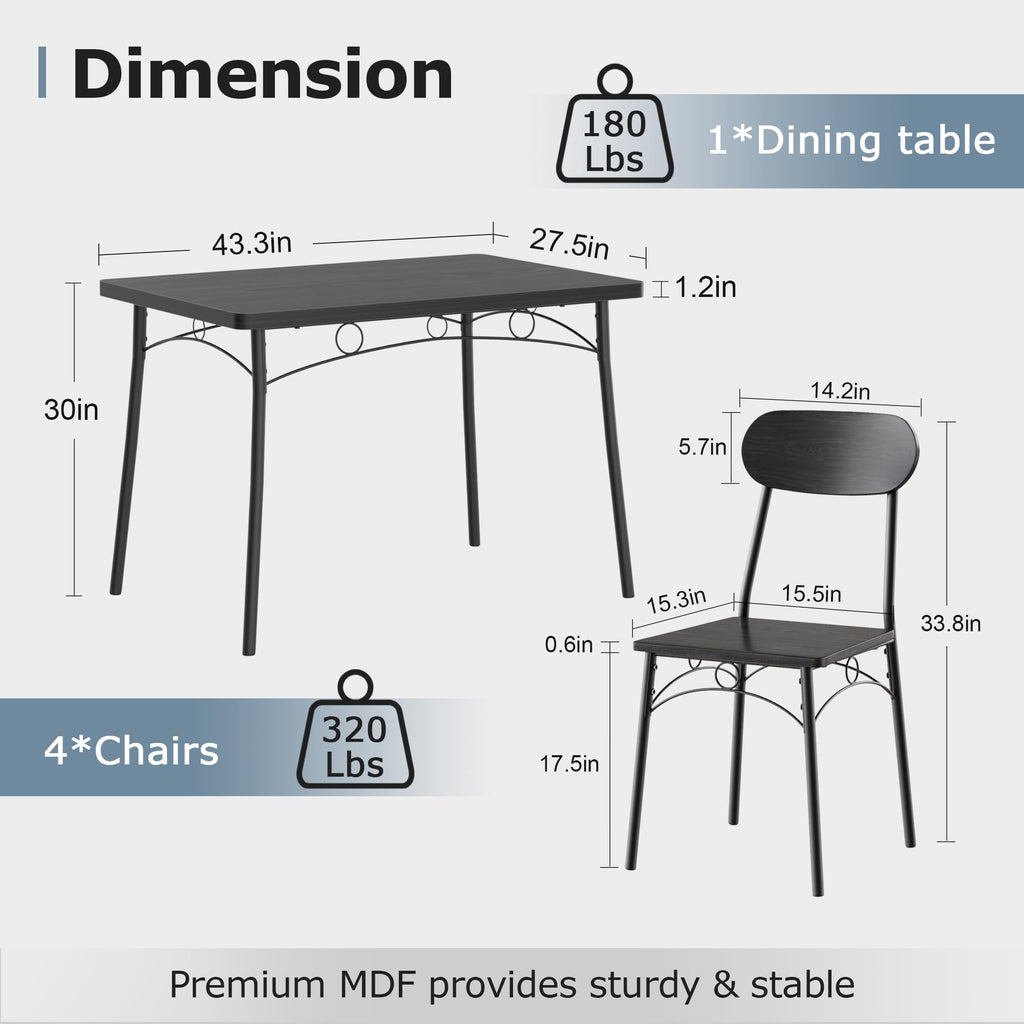 Dining Table Set for 4, 5-Piece Kitchen Table with 4 Chairs, MDF Board Tabletop with Metal Frame for Small Space