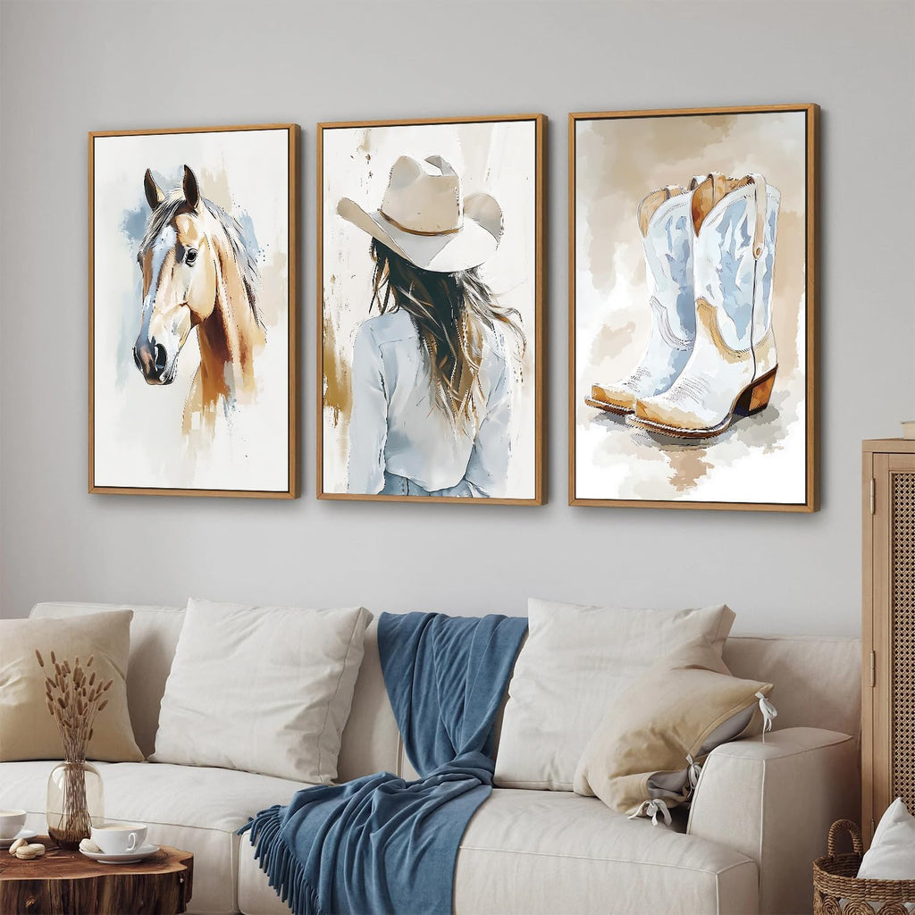 Large Western Cowgirl Posters Framed Canvas Wall Art Set, Blue and White Horse Wall Decor, Glam Rodeo Boots Art