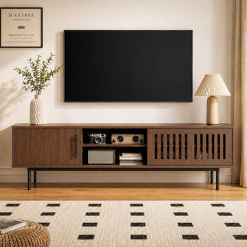 Mid Century Modern TV Stand for TV up to 70 inch, Entertainment Center with Sliding Barn Doors & Adjustable Shelve
