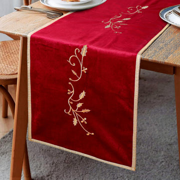 Red Velvet Table Runner with Gold Embroidered Holly Leaf, Luxury Christmas Table Runner Party Decor