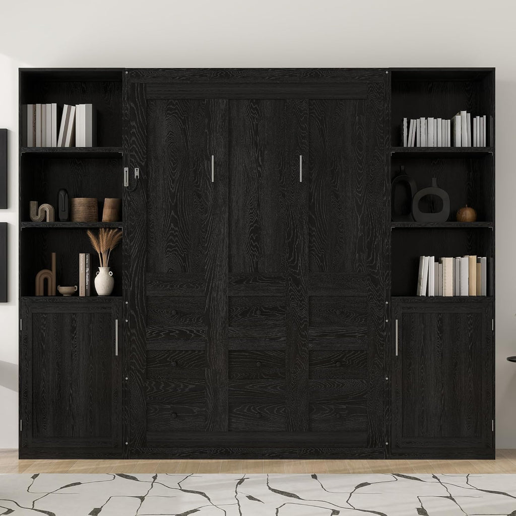Queen Farmhouse Murphy Bed with Storage Bookcase Shelves and Cabinets, Solid Wood Foldable Hidden Vertical Murphy