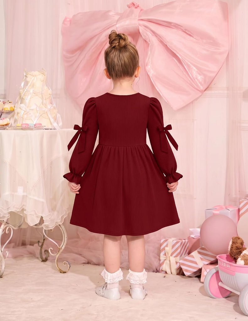 Toddler Girls Puff Long Sleeve Bowknot Fall Winter Party Dress