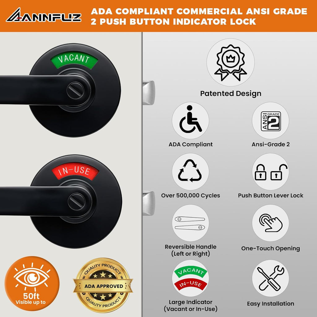 Push Button Locking Vacant Occupied Bathroom Door Handle with Indicator Sign,Commercial ADA Single Egress Privacy - Door Lever