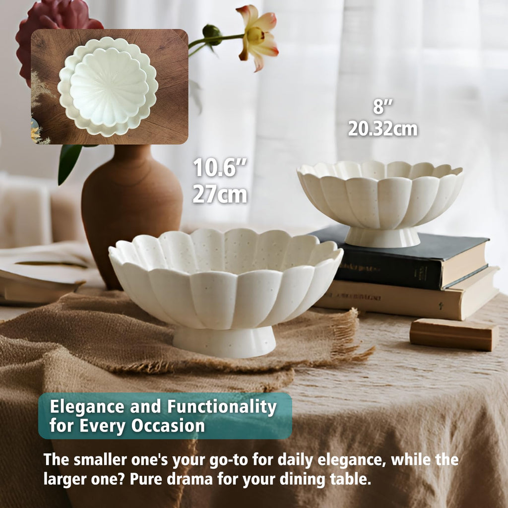 Large Fruit Bowl Counter-10.6" White Ceramic Fluted Scalloped Decorative Footed Bowl -Elegant Pedestal Display Bowls