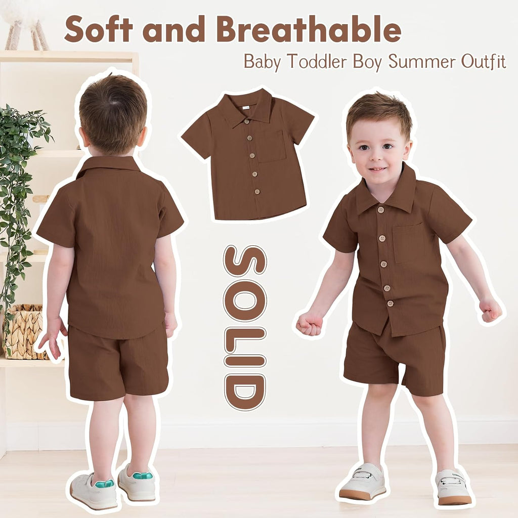 Toddler Baby Boy Summer Clothes Cotton Linen Short Sleeve Solid Button Down Shirt Shorts Set Outfits with Pockets
