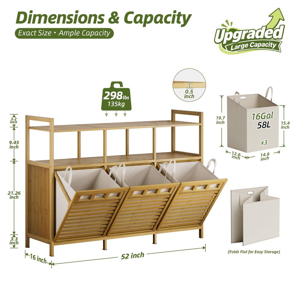 48 Gal Bamboo Tilt Out Laundry Hamper Cabinet with 3 Bag, Natural