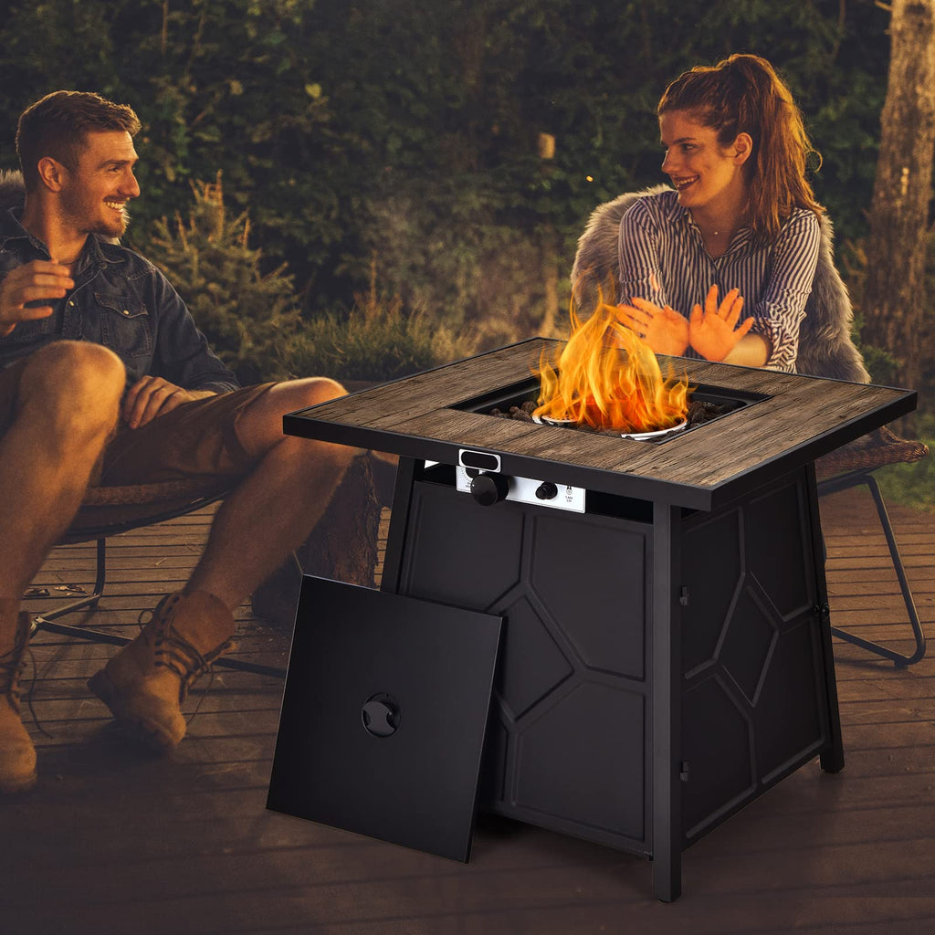 28 Inches Propane Fire Pit Table, 40, 000 BTU Square Fire Table with Lid, Lava Stone, Waterproof Cover and Instant
