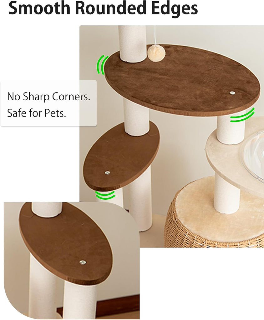 56.6" Velvet Cat Tree Tower with Woven Condo, Clear Bowl & Hammock