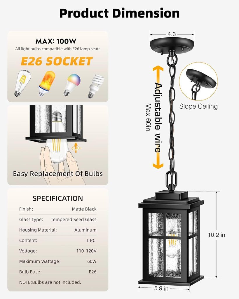 Outdoor Pendant Lights for Porch, Matte Black Outdoor Hanging Lights with Adjustable Chain