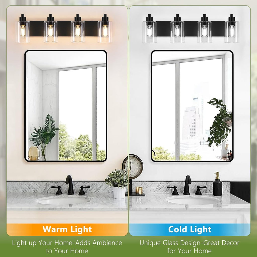 Bathroom Vanity Light, Modern Matte Black 4-Light Bathroom Lights Over Mirror with Clear Glass Shade,Wall Sconces