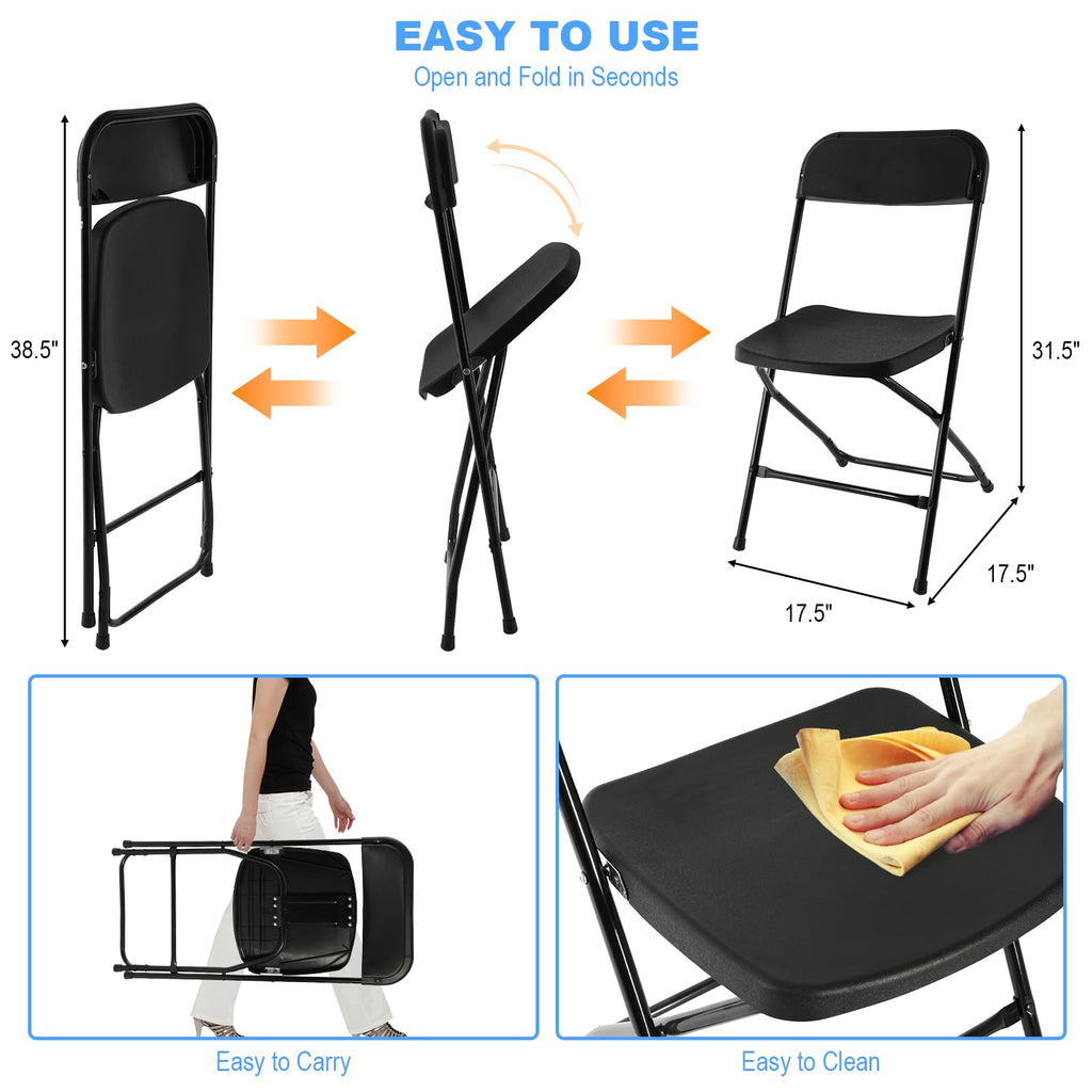 100 Pack Black Folding Chairs, Plastic Folding Chair for Outside, Indoor Outdoor Portable Commercial Seat with Steel