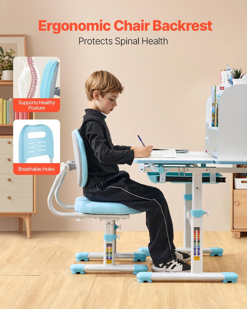 Kids Study Chair and Desk Set, Study Desk and Chair for Kids with Bookshelf & Storage Drawer, Adjustable Height &