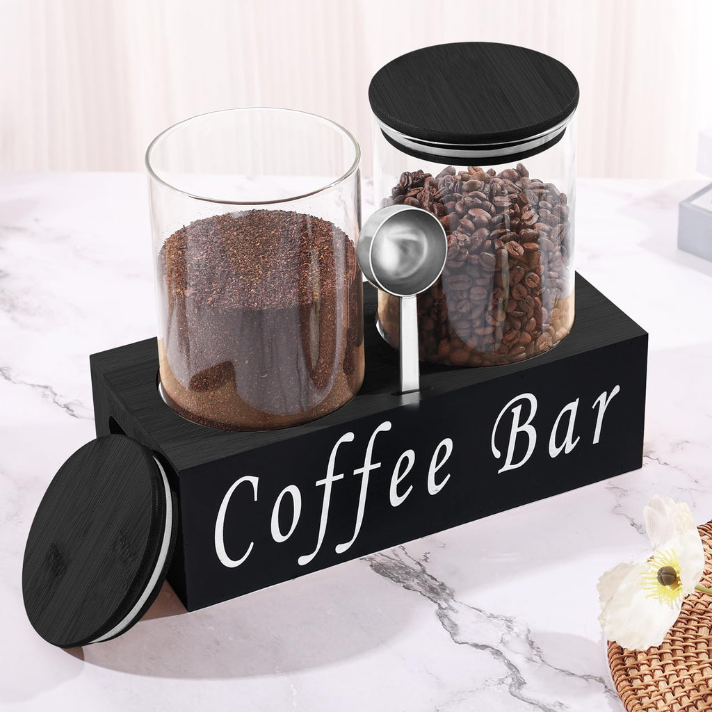 Rustic Modern Black 2PCS Small 44oz Coffee Storage Jars with Shelf, 2Pcs 1.295L Airtight Glass Coffee Containers