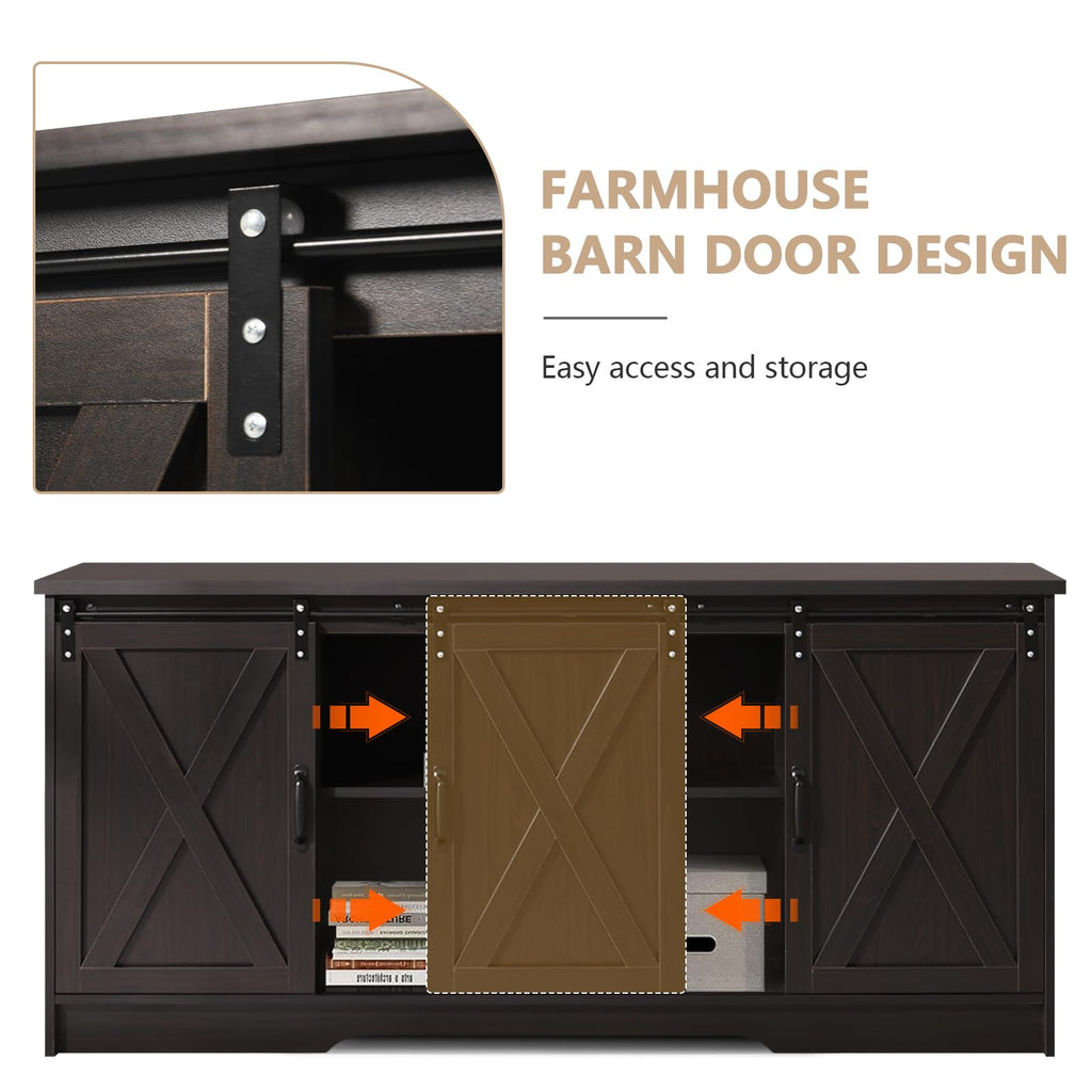 65 Inch TV Stand with Sliding Barn Doors, Espresso Entertainment Center for 65 Inch TV with Storage Cabinet