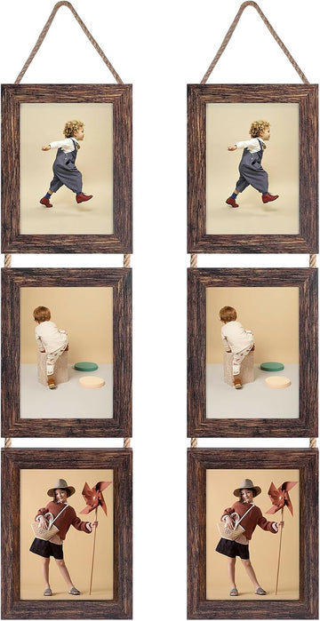 Wall Hanging 5x7 Picture Frames Set of 2, Vertical Collage Distressed Brown Triple Frame Made to Display 5 by 7 inch