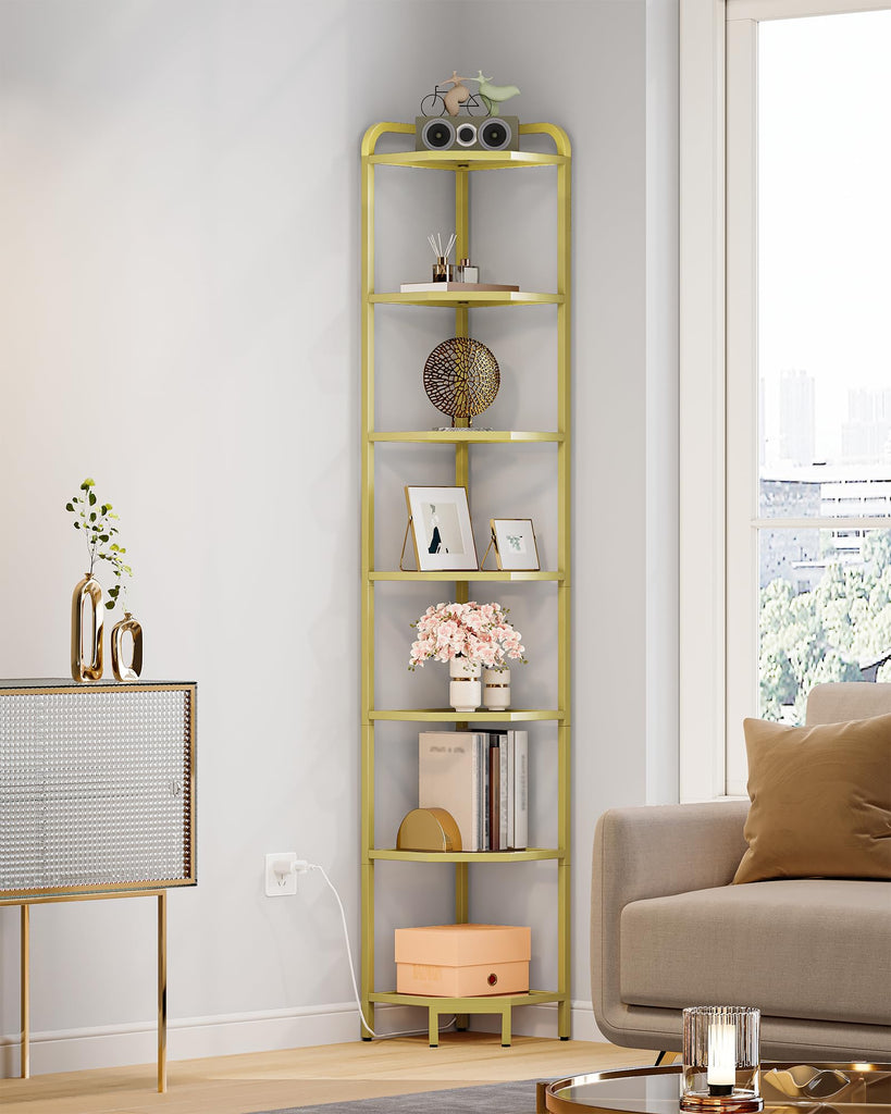 Corner Shelf with LED Lighting, 7-Tier Glass Bookshelf