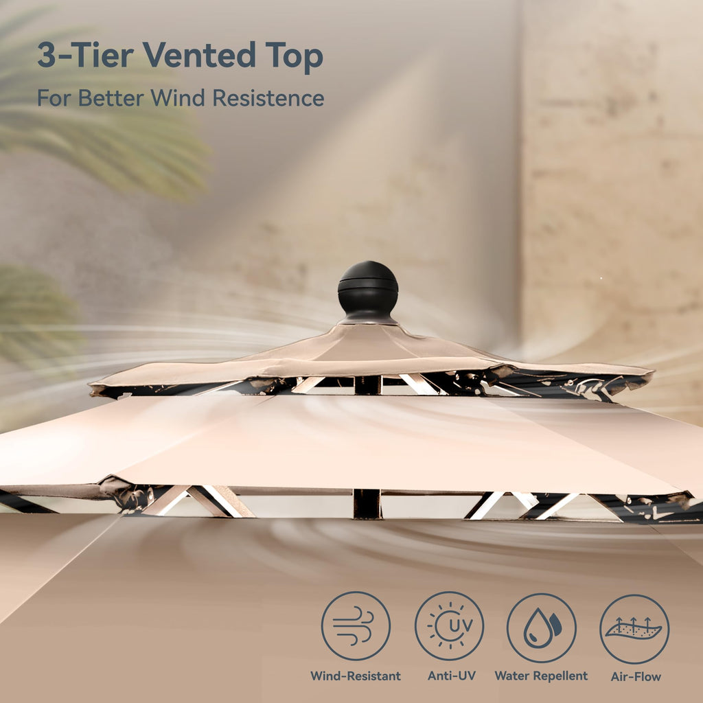 10ft Outdoor Patio Umbrellas, 3 Tier Table Umbrella, Beige&Frappe
