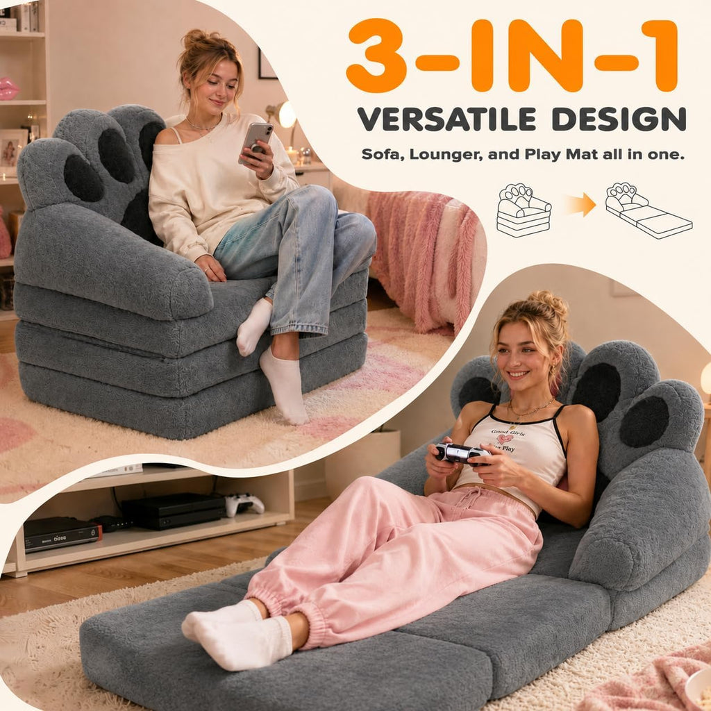 2-in-1 Folding Sofa Bed, Convertible Sleeper Chair, Cat Paw Backrest