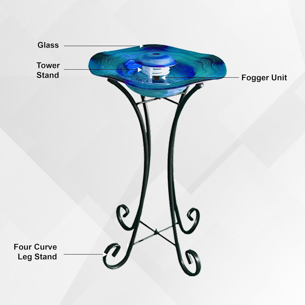 27" LED Mist Indoor Floor Fountain, Freestanding Water Feature with Inline Control, Aromatherapy, Glass & Metal, Blue