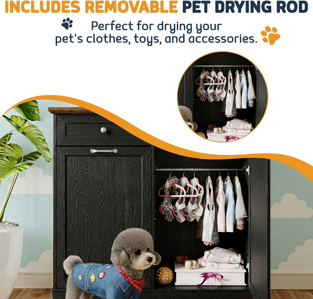 Double Door Dog Feeding Station with Storage, 10 Gallons Tilt Out Trash Can Cabinet, Dog Food Cabinet with Dog Bowls