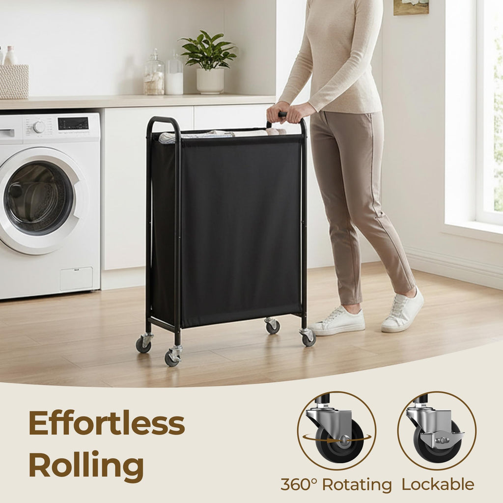 Laundry Hamper, Slim Basket with Wheels and Handles, Black, 80L