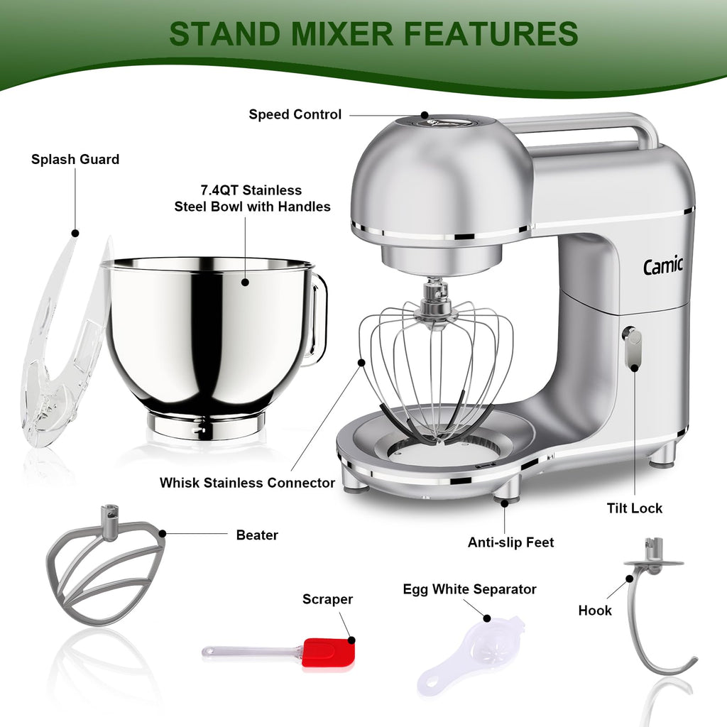 7.45 QT Tilt-Head Stand Mixer, Electric Mixer for Baking (Silver)