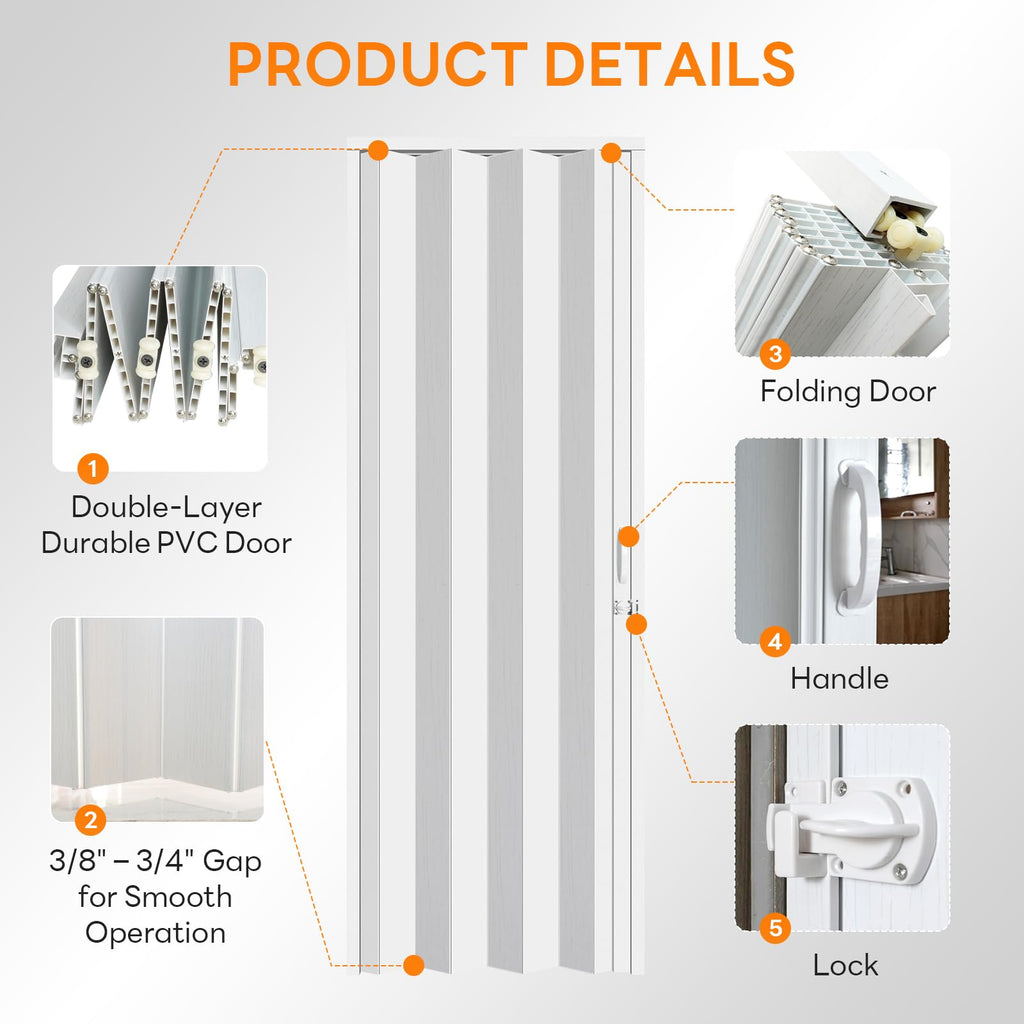 60" x 96" Accordion Door Interior with Lock, White