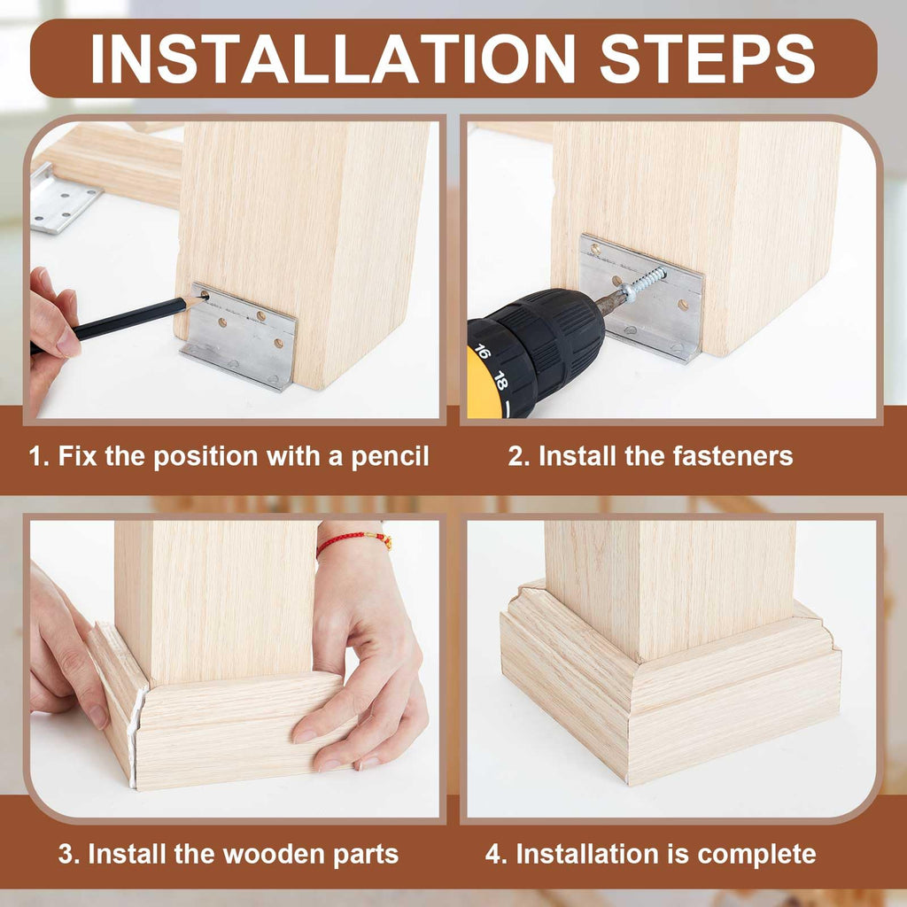 2 Set 3" Newel Post Mounting Kit 8 Pcs L Bracket Post Fasteners with 8 Pcs Maple Wood Skirt Trim and Screws for