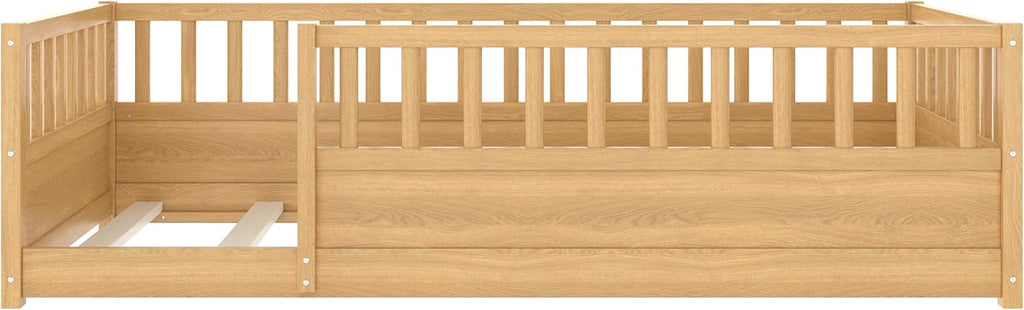 Twin Size Floor Bed with Slats and Fence