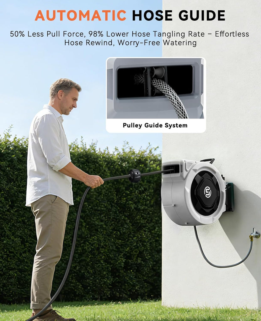 Retractable Garden Hose Reel - 1/2" x 100ft Wall Mounted Hose Reel with 3/4'' Brass Fitting & 10-Pattern Nozzle