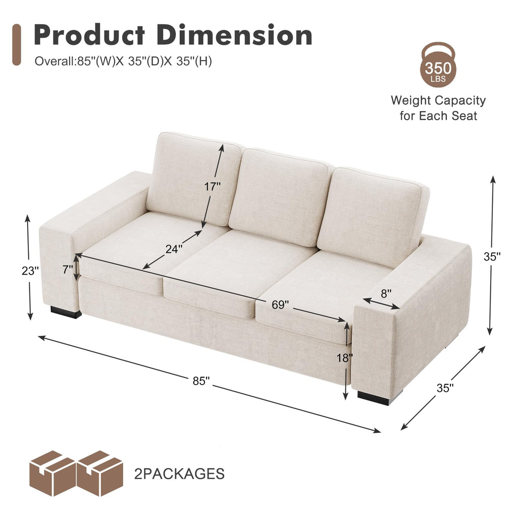 85" Modern Couches, Natural Linen 3 Seat Sofa, Comfy Deep Seat Sofa, Spring Cushions, Removable Cover, Solid Wood