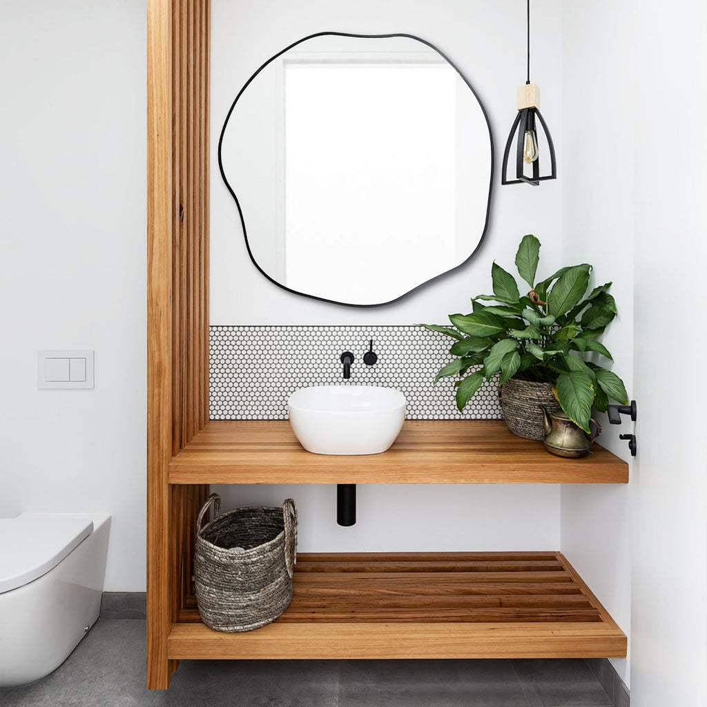 25" Irregular Round Wall Mirror, Scalloped Frameless Mirror