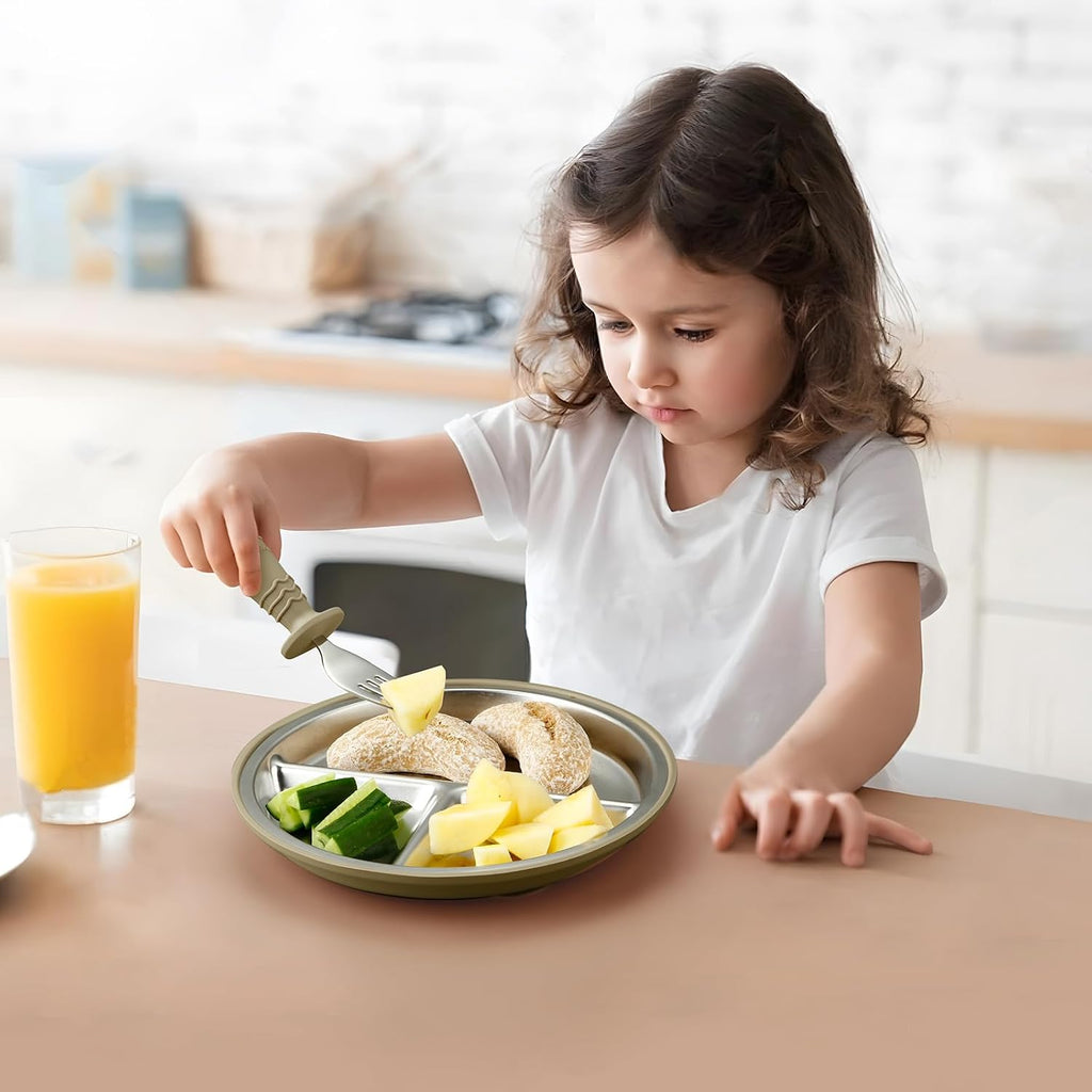 2 Pack Stainless Steel Baby Suction Plates & 2 Pack Spoons and Forks Set, Toddler Utensils Baby Feeding Set, Divided