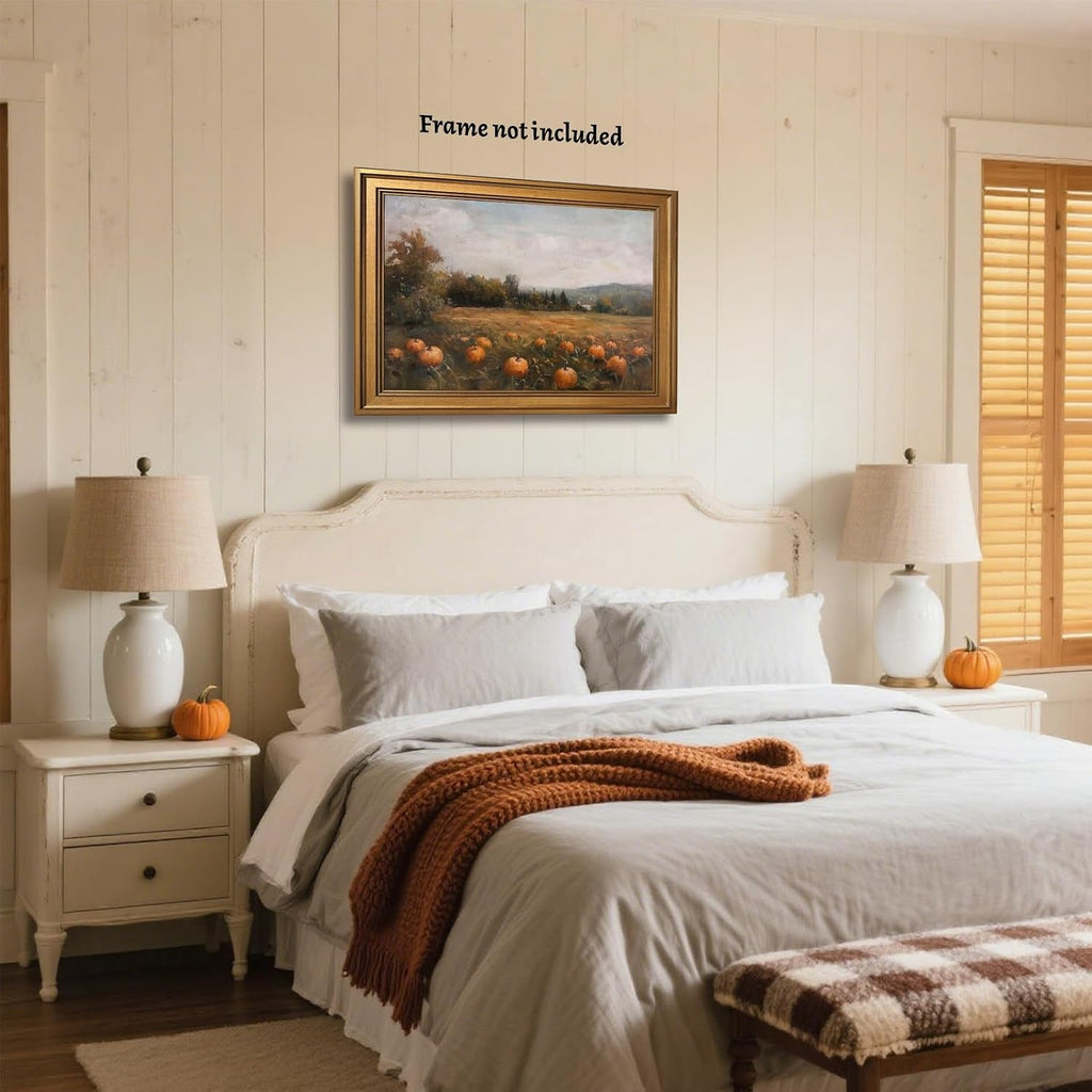 Autumn Pumpkin Field Wall Art Rustic Fall Harvest Landscape Poster Vintage Country Farmhouse Oil Painting Wall Decor