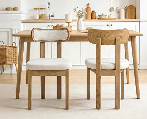 Farmhouse Dining Chairs Set of 2, Upholstered Linen Dining Room Chairs with Curved Backrest and Wood Legs for Kitchen or Restaurant, Beige