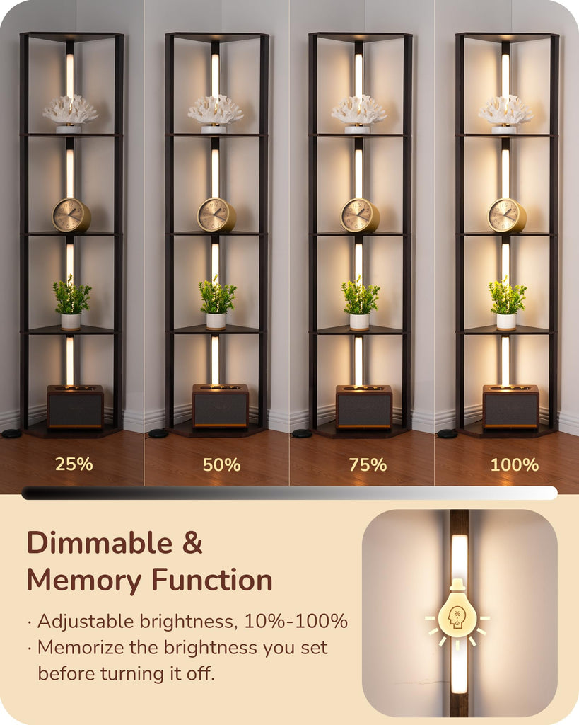 64'' Corner Shelf Floor Lamp, 3CCT, Black Walnut