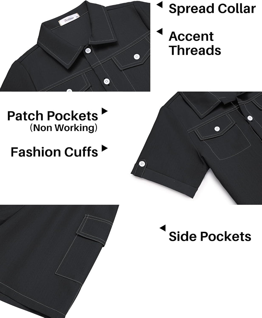 Boys' Woven Shorts Set Academic Style Button Down Shirt and Denim Shorts Outfits Casual yet Dressy Clothes