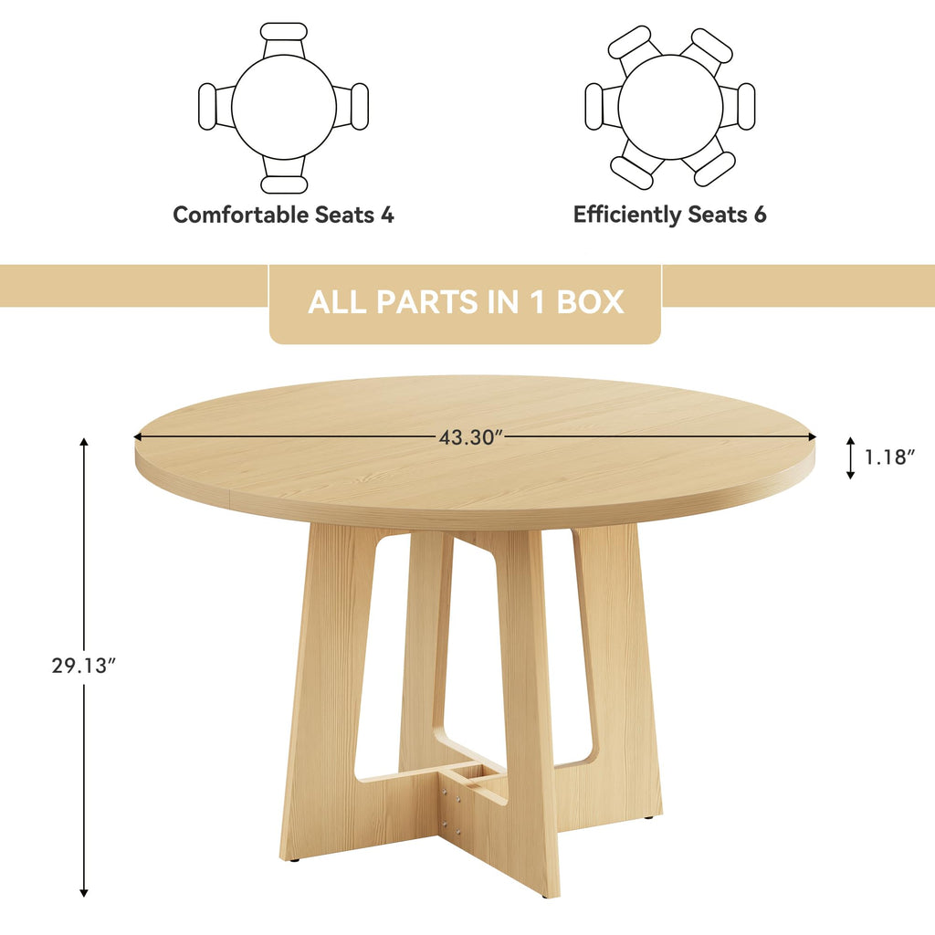 Round Dining Table for 4, Farmhouse Kitchen Table, Wooden Circle Table, 300lb Capacity & Easy Assembly Dining Room
