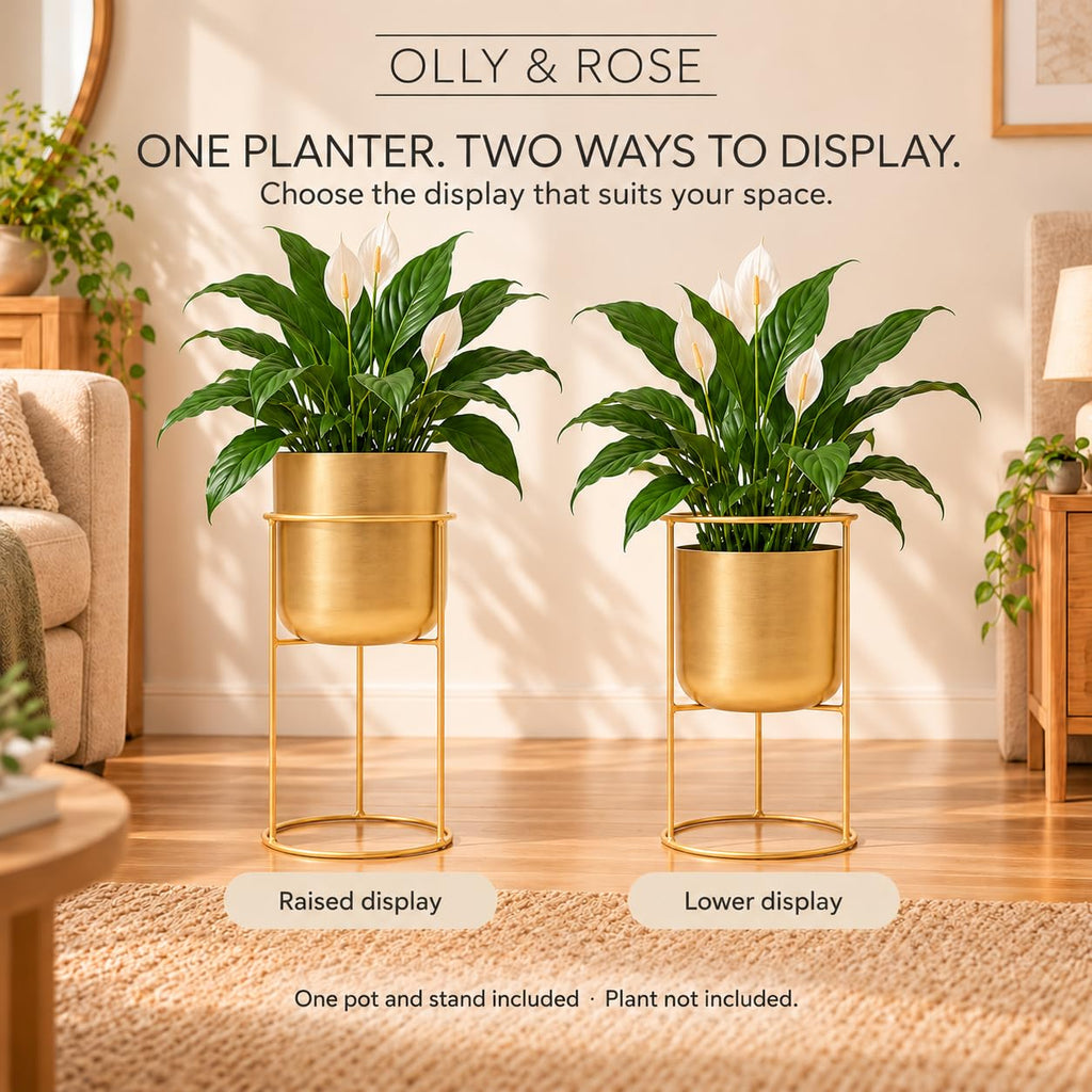 Matt Metal Plant Pot with Gold Plant Stand - Tall 20 Inch Height Large Plant Pot Indoors with Stand - Large
